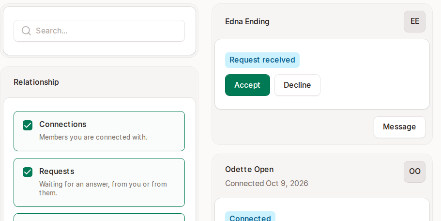 Member directory cards with Accept, Decline, Pending and Connected states