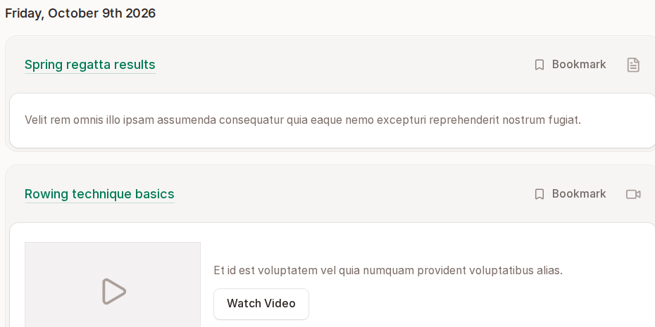The community activity feed showing a published post and a video card